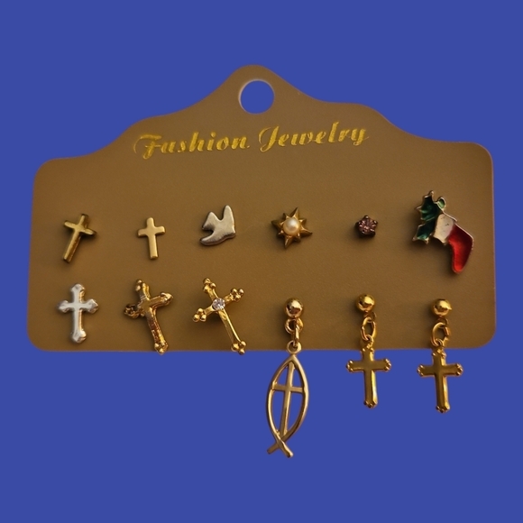 Vintage One Pair and Ten Single Cross Earring Set - Picture 1 of 3